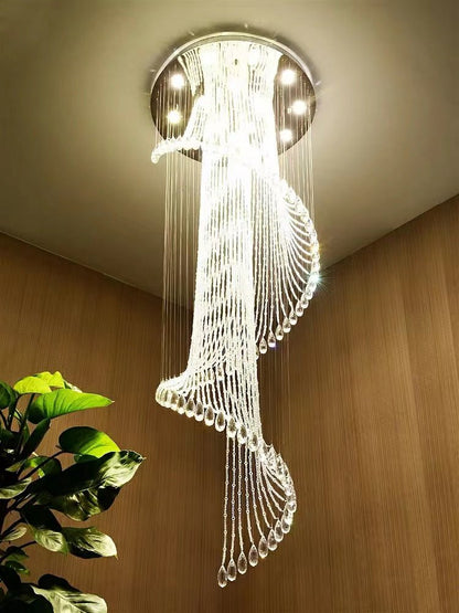 Flush Mounted Spiral Crystal Drops Chandelier Round LED Ceiling Lighting Fixture For Foyer Staircase/ Hotel Entrance-Nobipets