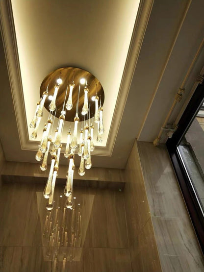 Foyer Glass Drops Pendant Chandelier Spiral Staircase High Ceiling Light Fixture In Gold Finish-Nobipets