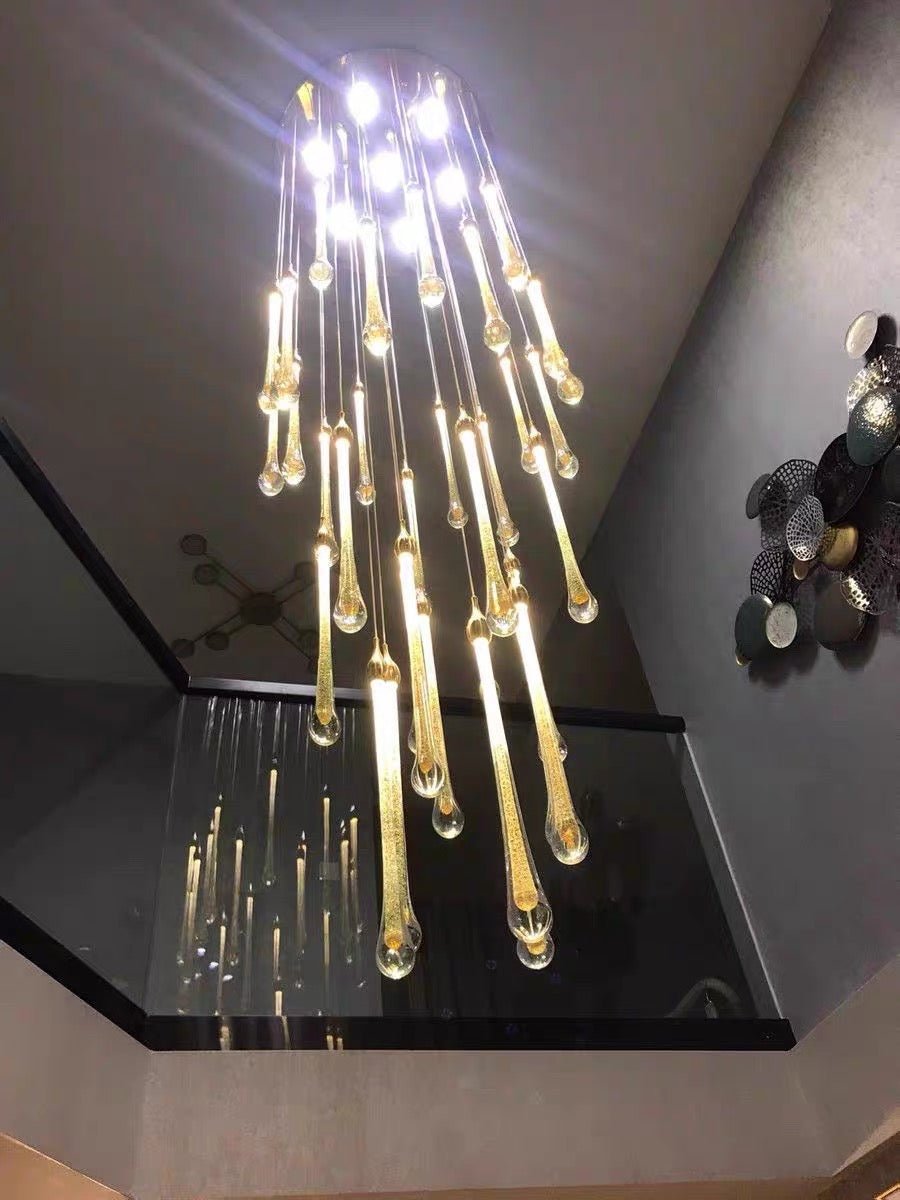 Foyer Glass Drops Pendant Chandelier Spiral Staircase High Ceiling Light Fixture In Gold Finish-Nobipets