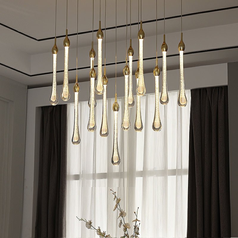 Foyer Glass Drops Pendant Chandelier Spiral Staircase High Ceiling Light Fixture In Gold Finish-Nobipets