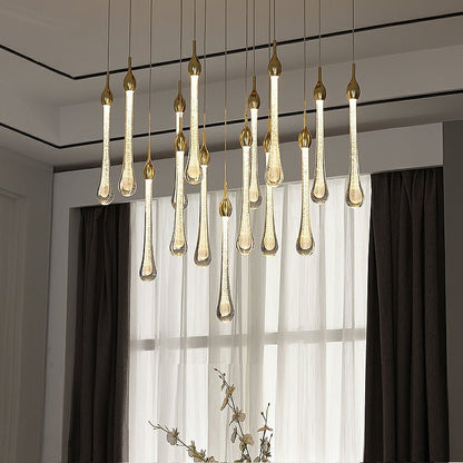 Foyer Glass Drops Pendant Chandelier Spiral Staircase High Ceiling Light Fixture In Gold Finish-Nobipets