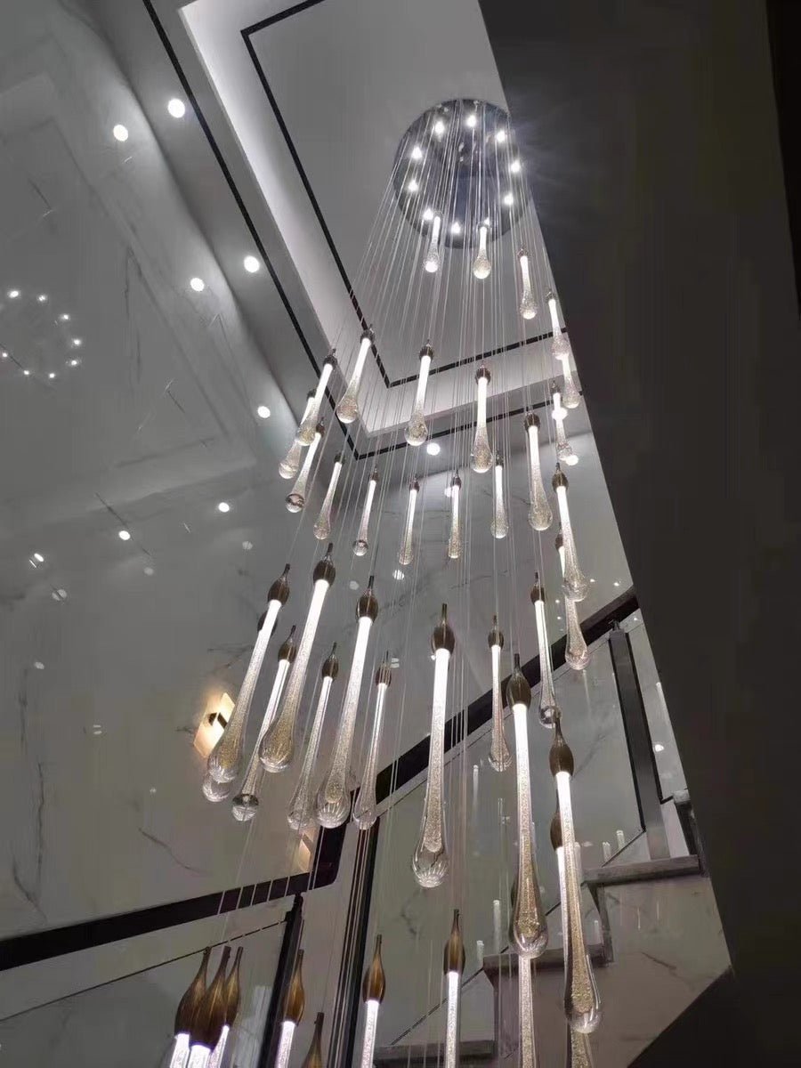 Foyer Glass Drops Pendant Chandelier Spiral Staircase High Ceiling Light Fixture In Gold Finish-Nobipets