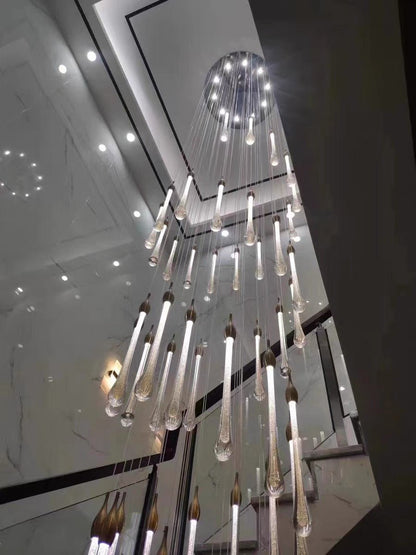 Foyer Glass Drops Pendant Chandelier Spiral Staircase High Ceiling Light Fixture In Gold Finish-Nobipets