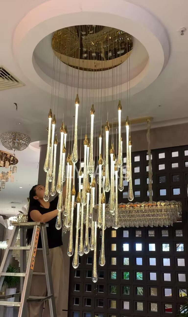 Foyer Glass Drops Pendant Chandelier Spiral Staircase High Ceiling Light Fixture In Gold Finish-Nobipets