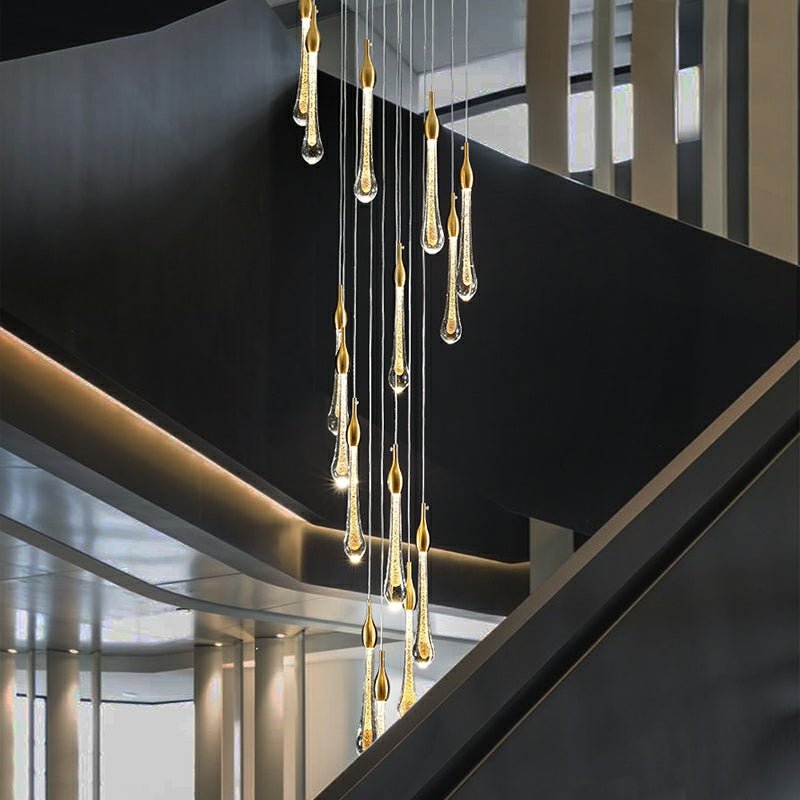 Foyer Glass Drops Pendant Chandelier Spiral Staircase High Ceiling Light Fixture In Gold Finish-Nobipets