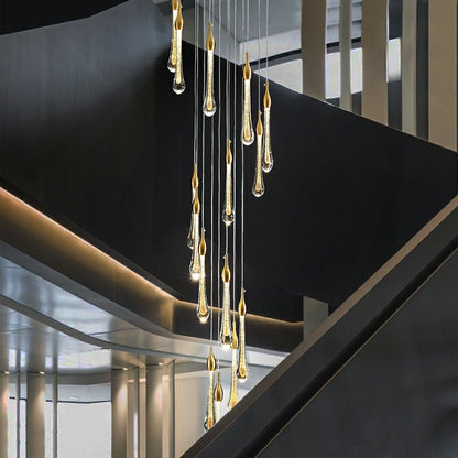 Foyer Glass Drops Pendant Chandelier Spiral Staircase High Ceiling Light Fixture In Gold Finish-Nobipets