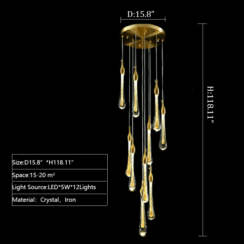 Foyer Glass Drops Pendant Chandelier Spiral Staircase High Ceiling Light Fixture In Gold Finish-Nobipets