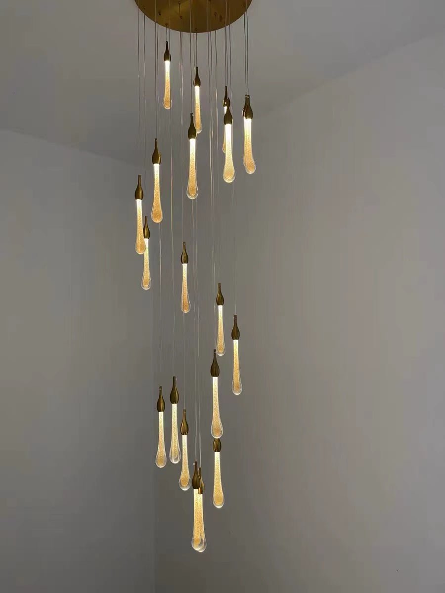 Foyer Glass Drops Pendant Chandelier Spiral Staircase High Ceiling Light Fixture In Gold Finish-Nobipets
