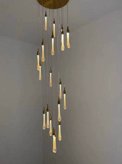 Foyer Glass Drops Pendant Chandelier Spiral Staircase High Ceiling Light Fixture In Gold Finish-Nobipets
