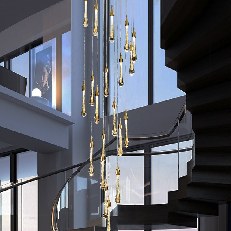 Foyer Glass Drops Pendant Chandelier Spiral Staircase High Ceiling Light Fixture In Gold Finish-Nobipets
