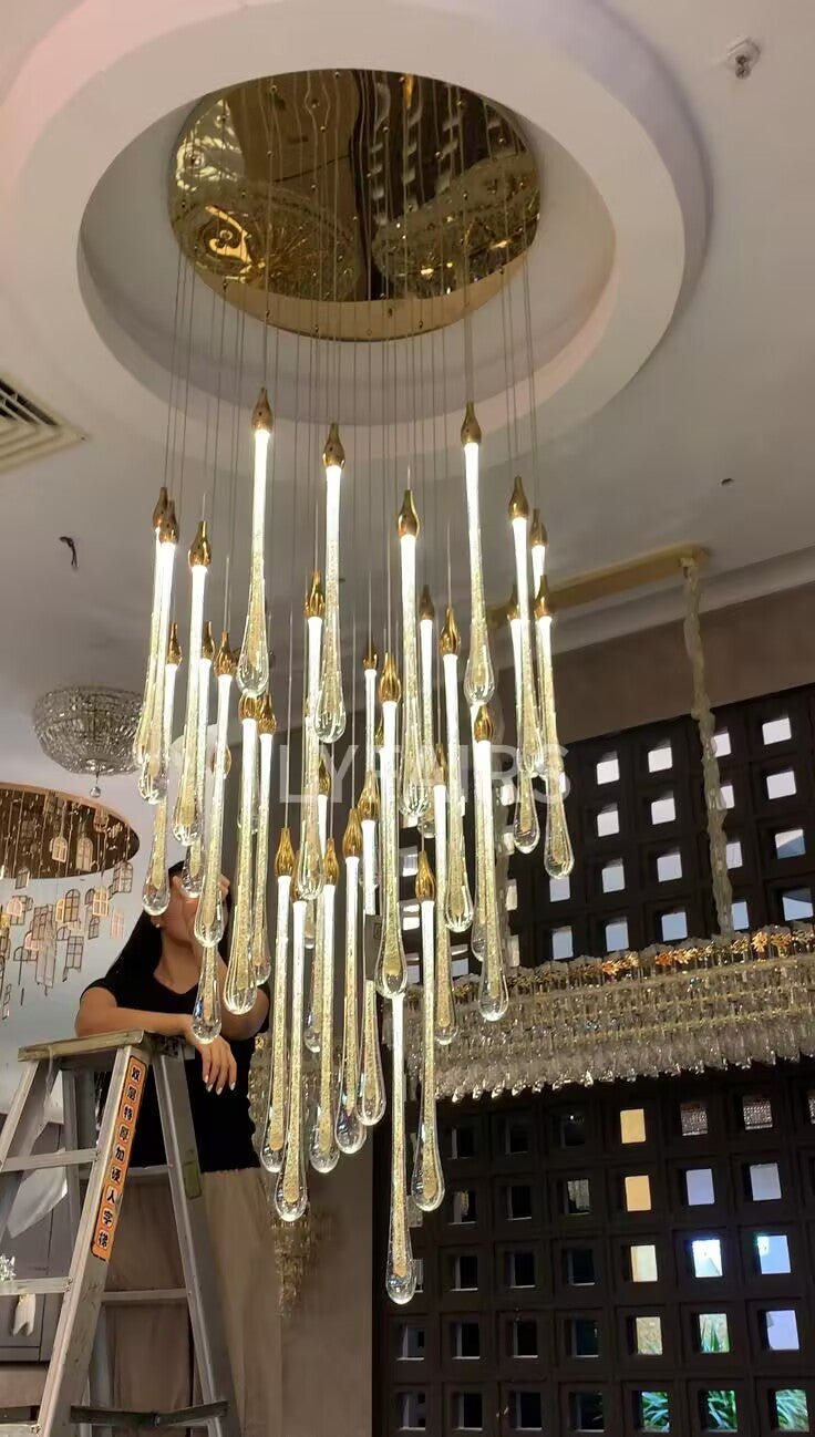 Foyer Glass Drops Pendant Chandelier Spiral Staircase High Ceiling Light Fixture In Gold Finish-Nobipets