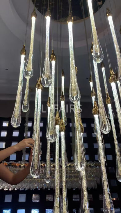 Foyer Glass Drops Pendant Chandelier Spiral Staircase High Ceiling Light Fixture In Gold Finish-Nobipets
