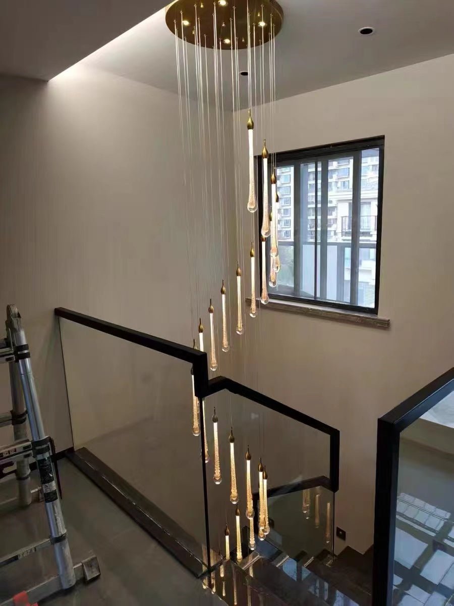 Foyer Glass Drops Pendant Chandelier Spiral Staircase High Ceiling Light Fixture In Gold Finish-Nobipets