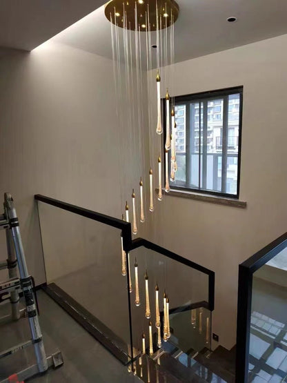 Foyer Glass Drops Pendant Chandelier Spiral Staircase High Ceiling Light Fixture In Gold Finish-Nobipets