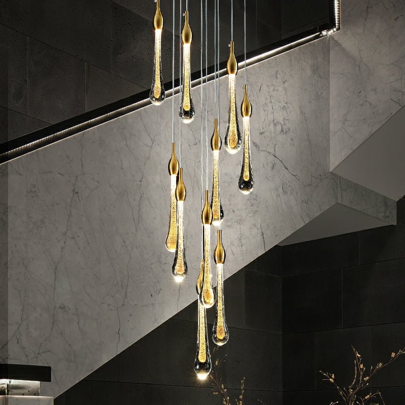 Foyer Glass Drops Pendant Chandelier Spiral Staircase High Ceiling Light Fixture In Gold Finish-Nobipets