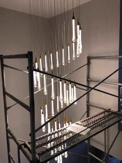 Foyer Glass Drops Pendant Chandelier Spiral Staircase High Ceiling Light Fixture In Gold Finish-Nobipets
