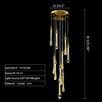 Foyer Glass Drops Pendant Chandelier Spiral Staircase High Ceiling Light Fixture In Gold Finish-Nobipets
