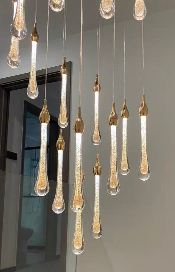 Foyer Glass Drops Pendant Chandelier Spiral Staircase High Ceiling Light Fixture In Gold Finish-Nobipets