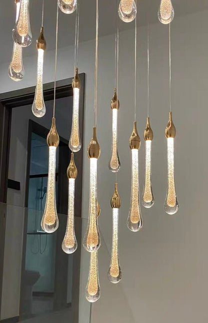 Foyer Glass Drops Pendant Chandelier Spiral Staircase High Ceiling Light Fixture In Gold Finish-Nobipets