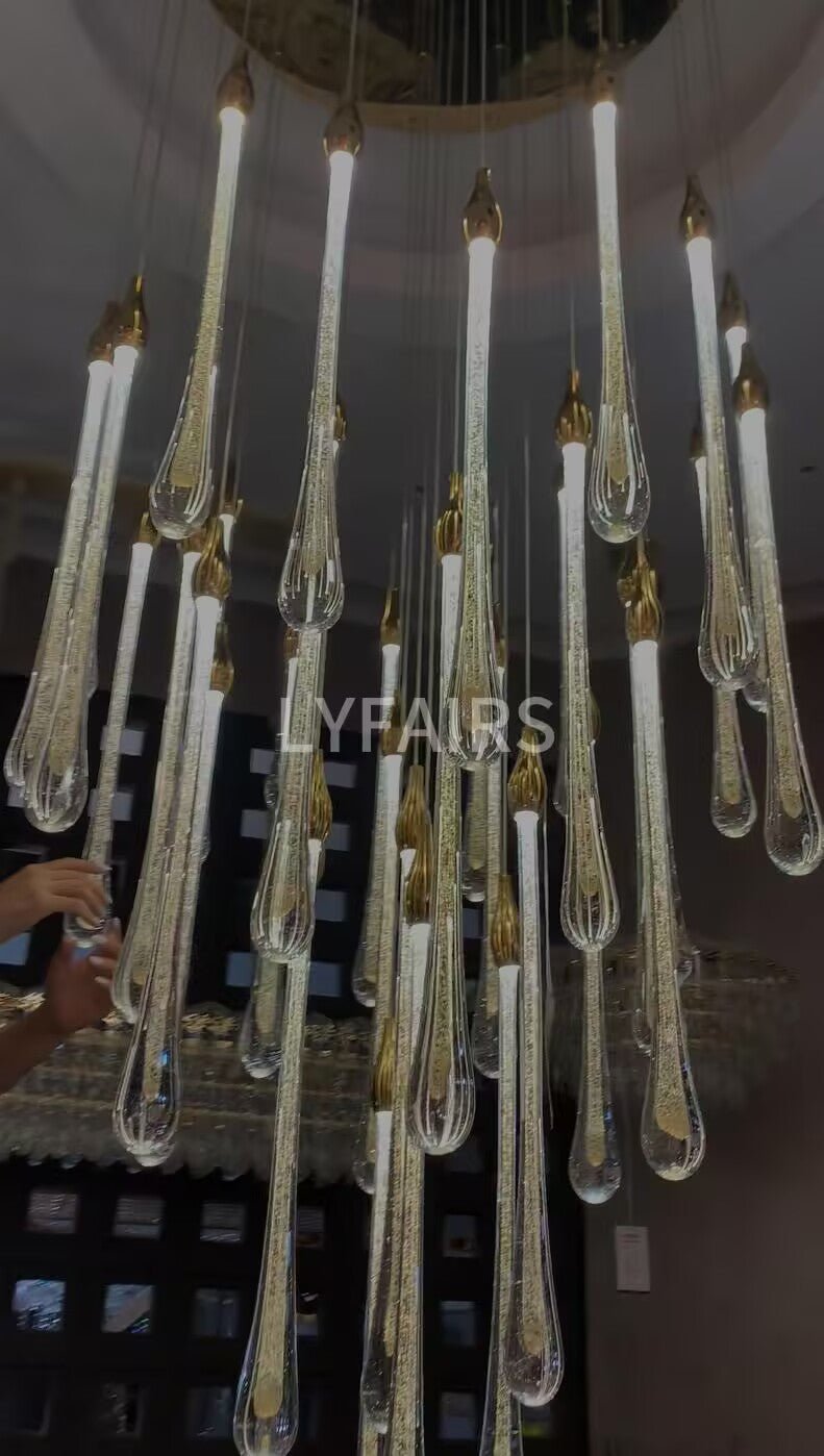 Foyer Glass Drops Pendant Chandelier Spiral Staircase High Ceiling Light Fixture In Gold Finish-Nobipets