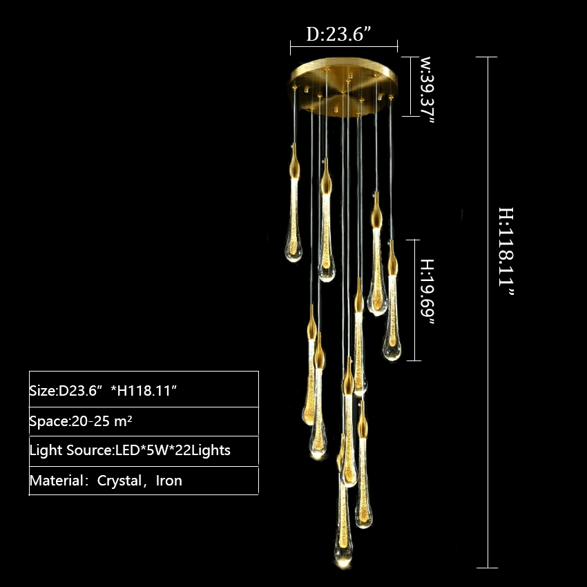 Foyer Glass Drops Pendant Chandelier Spiral Staircase High Ceiling Light Fixture In Gold Finish-Nobipets