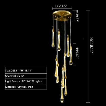 Foyer Glass Drops Pendant Chandelier Spiral Staircase High Ceiling Light Fixture In Gold Finish-Nobipets