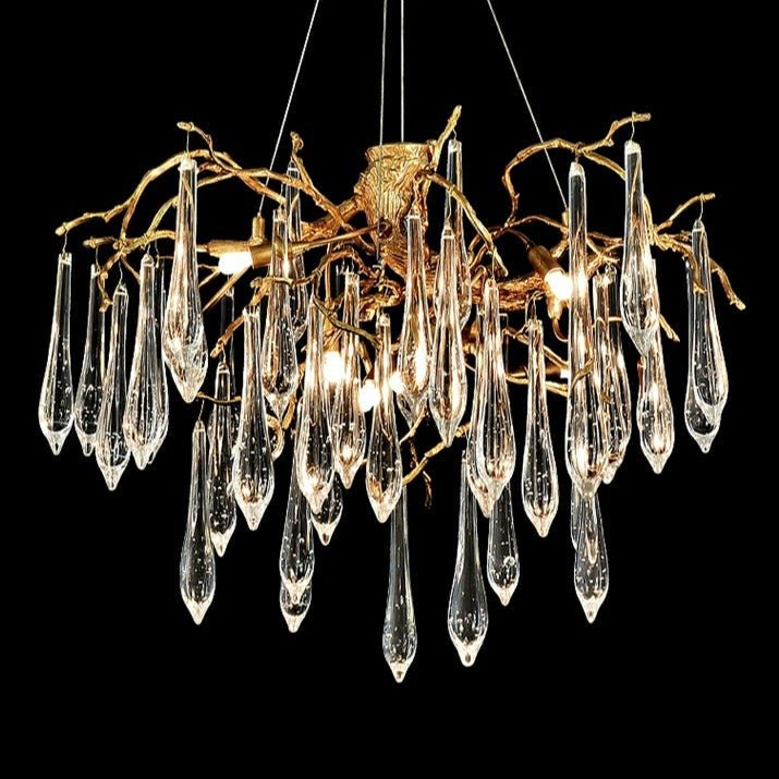 French Style Living Room Branch Crystal Drops Chandelier Modern Copper Gold Finish Dining Room Ceiling Lighting Fixture-Nobipets