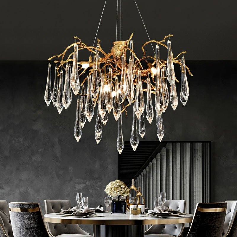 French Style Living Room Branch Crystal Drops Chandelier Modern Copper Gold Finish Dining Room Ceiling Lighting Fixture-Nobipets