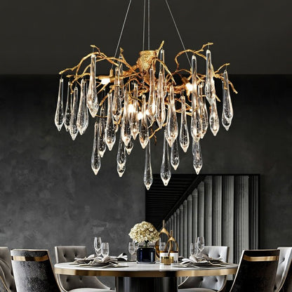French Style Living Room Branch Crystal Drops Chandelier Modern Copper Gold Finish Dining Room Ceiling Lighting Fixture-Nobipets
