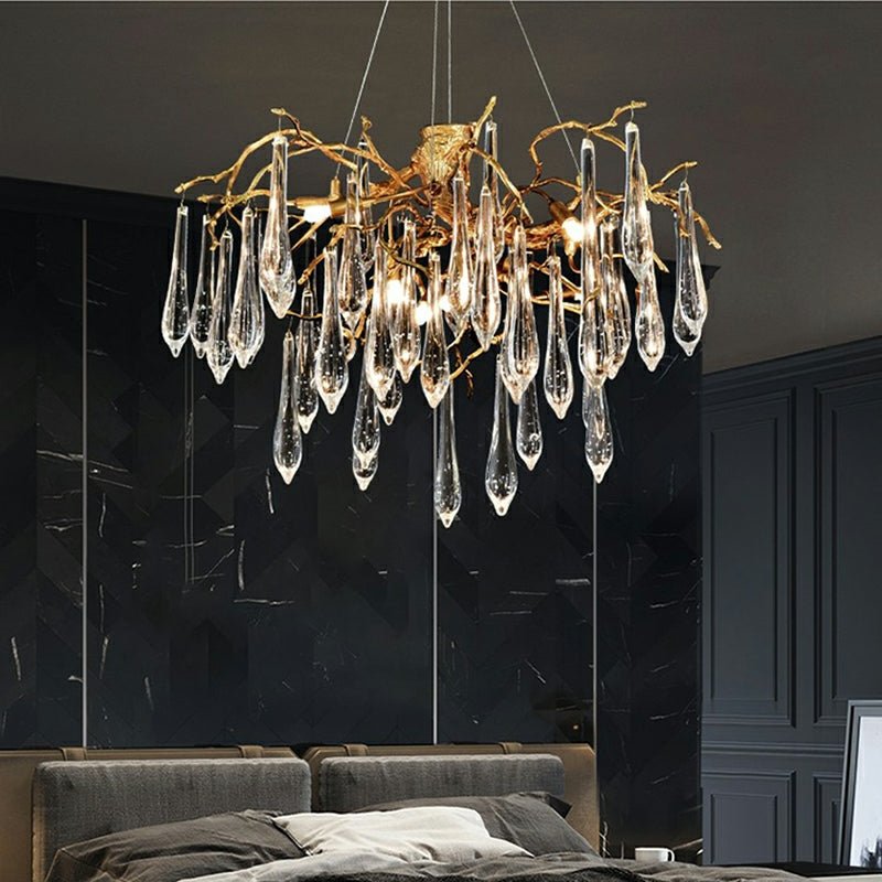 French Style Living Room Branch Crystal Drops Chandelier Modern Copper Gold Finish Dining Room Ceiling Lighting Fixture-Nobipets