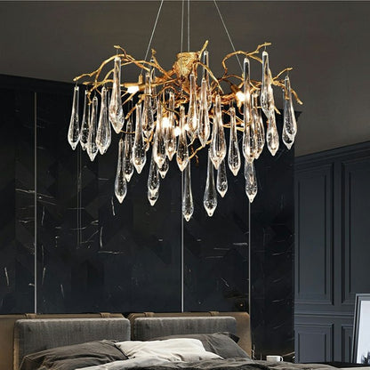French Style Living Room Branch Crystal Drops Chandelier Modern Copper Gold Finish Dining Room Ceiling Lighting Fixture-Nobipets