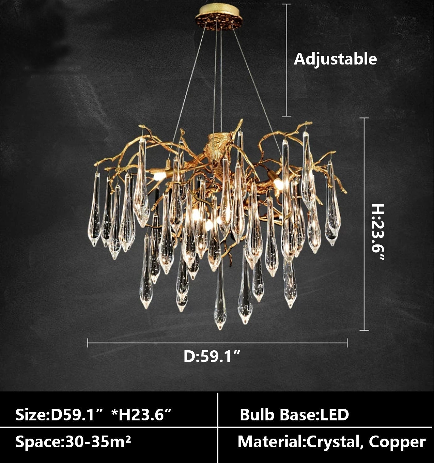 French Style Living Room Branch Crystal Drops Chandelier Modern Copper Gold Finish Dining Room Ceiling Lighting Fixture-Nobipets