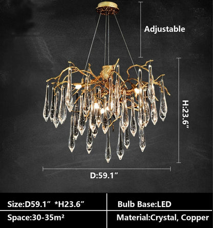 French Style Living Room Branch Crystal Drops Chandelier Modern Copper Gold Finish Dining Room Ceiling Lighting Fixture-Nobipets