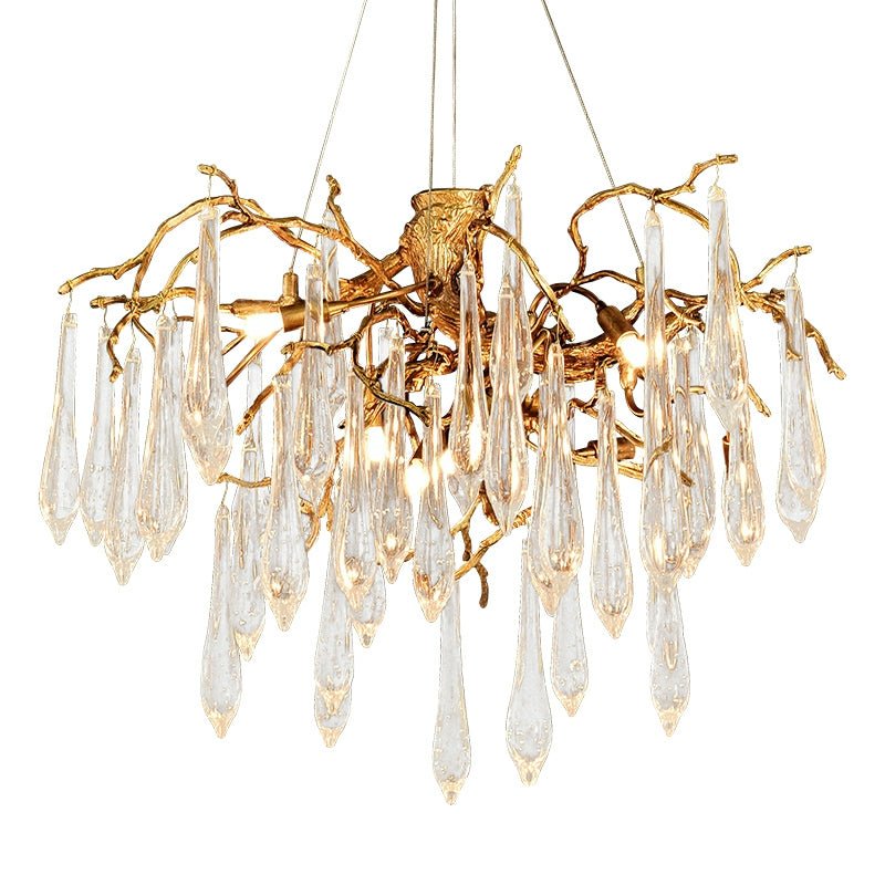 French Style Living Room Branch Crystal Drops Chandelier Modern Copper Gold Finish Dining Room Ceiling Lighting Fixture-Nobipets