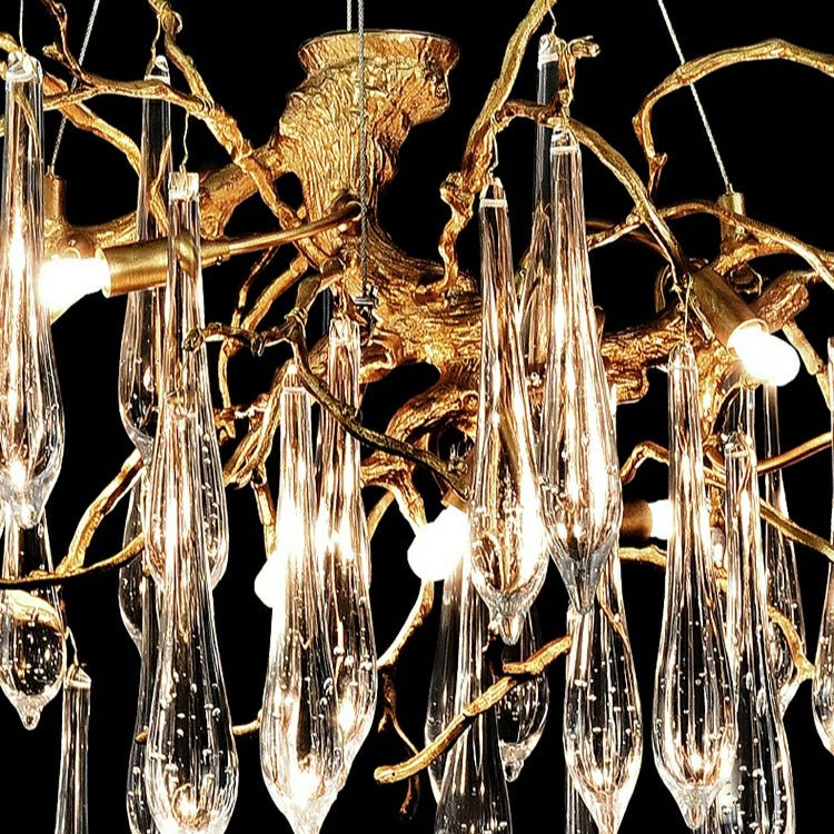 French Style Living Room Branch Crystal Drops Chandelier Modern Copper Gold Finish Dining Room Ceiling Lighting Fixture-Nobipets