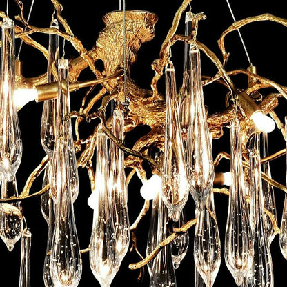 French Style Living Room Branch Crystal Drops Chandelier Modern Copper Gold Finish Dining Room Ceiling Lighting Fixture-Nobipets