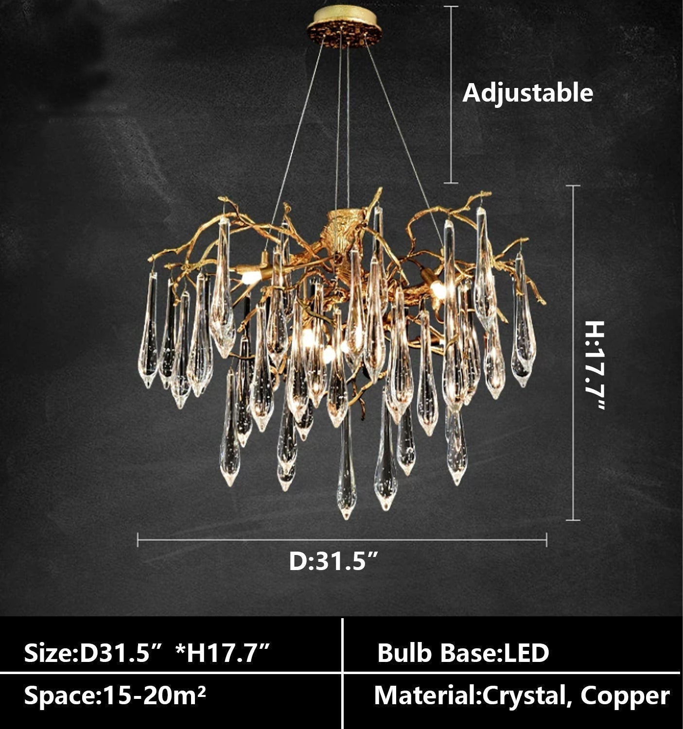 French Style Living Room Branch Crystal Drops Chandelier Modern Copper Gold Finish Dining Room Ceiling Lighting Fixture-Nobipets