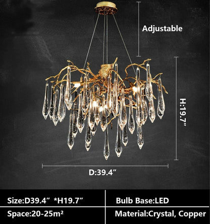 French Style Living Room Branch Crystal Drops Chandelier Modern Copper Gold Finish Dining Room Ceiling Lighting Fixture-Nobipets