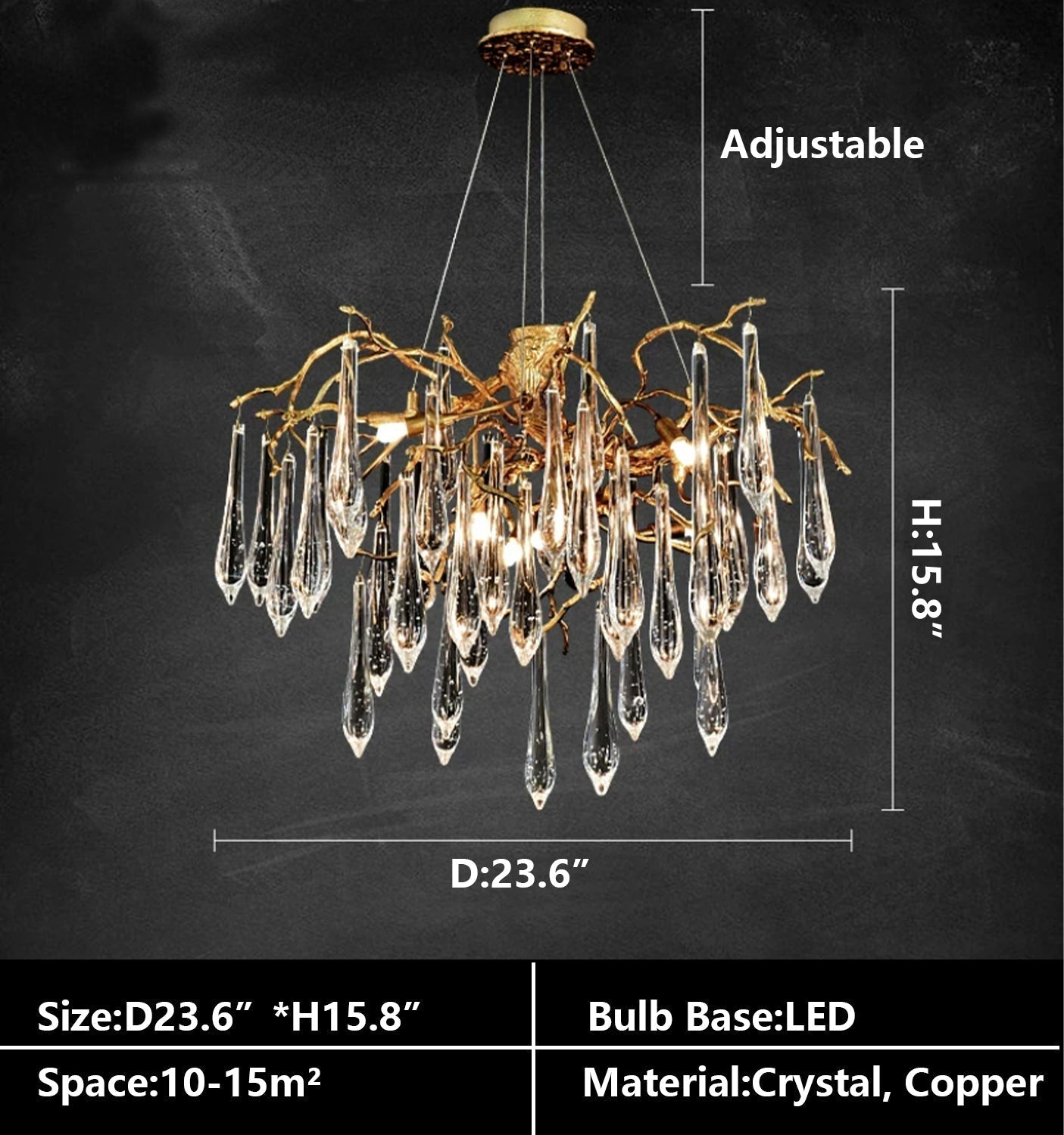 French Style Living Room Branch Crystal Drops Chandelier Modern Copper Gold Finish Dining Room Ceiling Lighting Fixture-Nobipets