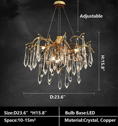 French Style Living Room Branch Crystal Drops Chandelier Modern Copper Gold Finish Dining Room Ceiling Lighting Fixture-Nobipets