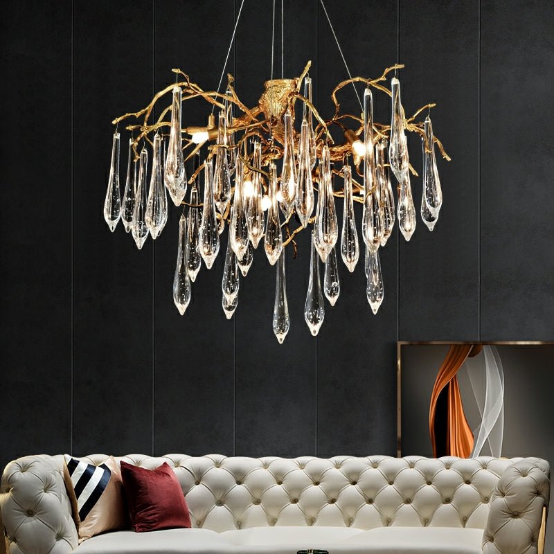 French Style Living Room Branch Crystal Drops Chandelier Modern Copper Gold Finish Dining Room Ceiling Lighting Fixture-Nobipets