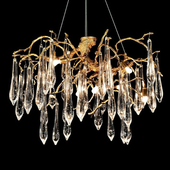 French Style Living Room Branch Crystal Drops Chandelier Modern Copper Gold Finish Dining Room Ceiling Lighting Fixture-Nobipets