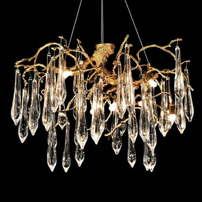 French Style Living Room Branch Crystal Drops Chandelier Modern Copper Gold Finish Dining Room Ceiling Lighting Fixture-Nobipets