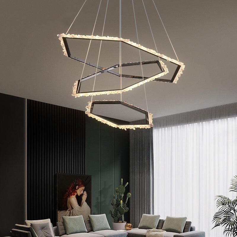 Gina Hexagonal Rock Crystal Black Ring Chandelier-Nobipets
