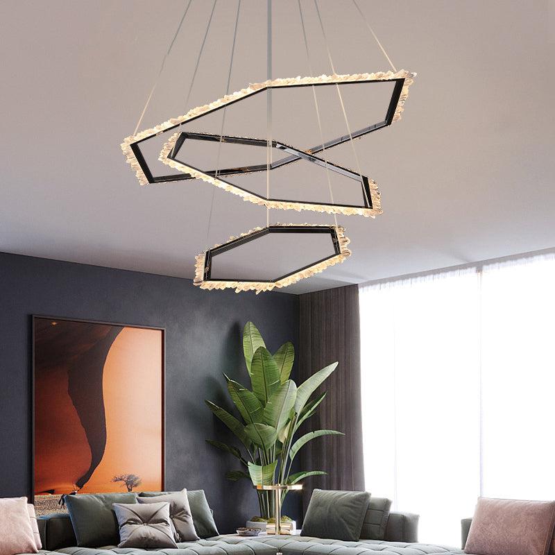 Gina Hexagonal Rock Crystal Black Ring Chandelier-Nobipets