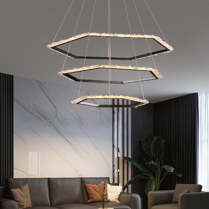 Gina Hexagonal Rock Crystal Black Ring Chandelier-Nobipets