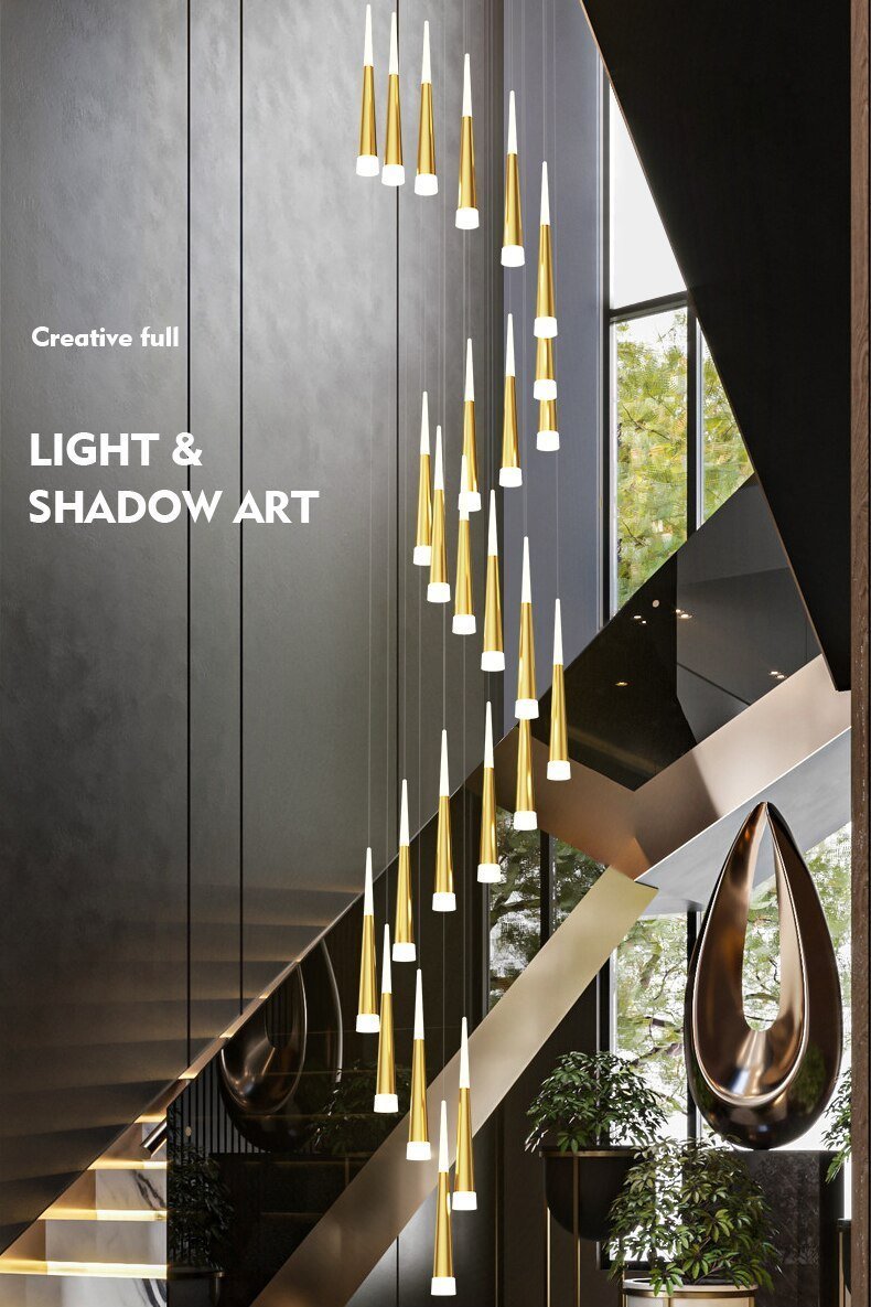 Golden/Black LED Hanging Meteor Rain Staircase Chandelier-Nobipets