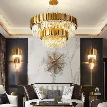 Gold/Silver Round Modern Tiered Metal Crystal Chandelier-Nobipets