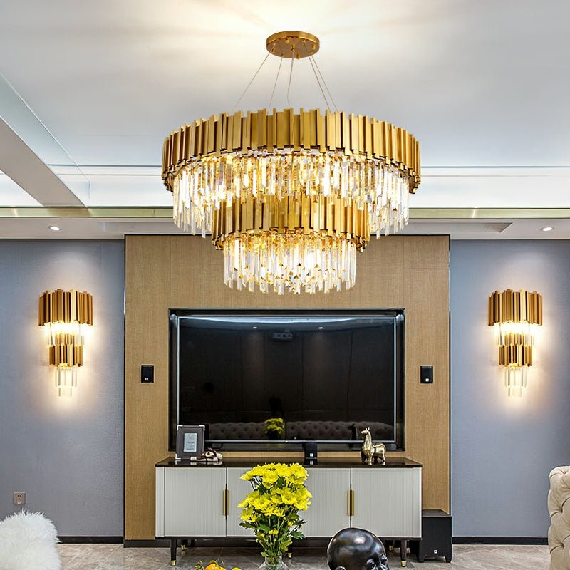 Gold/Silver Round Modern Tiered Metal Crystal Chandelier-Nobipets