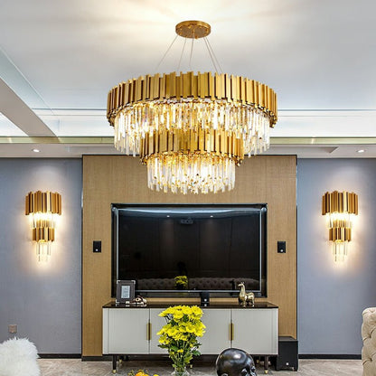 Gold/Silver Round Modern Tiered Metal Crystal Chandelier-Nobipets
